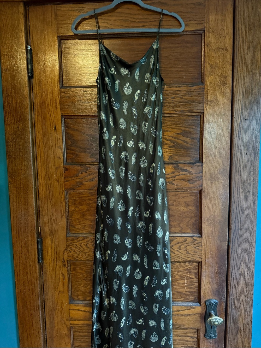 VINTAGE Paisley Maxi Slip Dress Boho Statement Bias Cut Flowy Spaghetti Strap L
